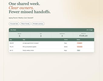 Hospital Discharge Planner Google Sheets, 14-Day Care Transition, Shared Family Tasks, Appointments & Handoff