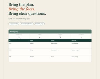 IEP 504 Parent Tracker Google Sheets, Meeting Prep, Goals, Accommodations, Service Log, Communication Organizer