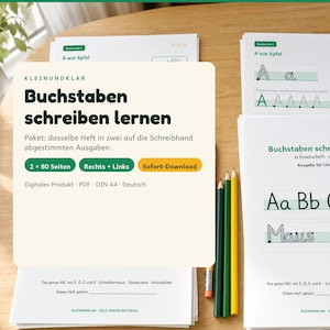 Pode incluir: Um conjunto de folhas de exercícios educativas para aprender a escrever letras, com o texto 'Buchstaben schreiben lernen' e 'A wie Apfel'. As páginas incluem exercícios de traçado do alfabeto, acompanhados por três lápis de cor.