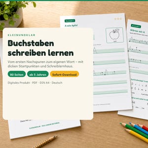 Op de afbeelding: Educatieve schrijfbladen voor kinderen met het Duitse alfabet. De pagina's bevatten overtrek-oefeningen, gidsen voor lettervorming en woordvoorbeelden met een appelillustratie. De set is een digitaal PDF-bestand in DIN A4-formaat.