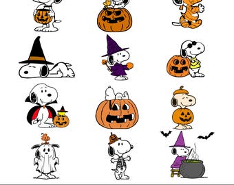 May include: A collection of twelve Snoopy Halloween illustrations featuring the character in various costumes including a mummy, vampire, ghost, and witch, interacting with pumpkins, a cauldron, and bats, with the text Snoopy Halloween Designs PNG,SVG Files.