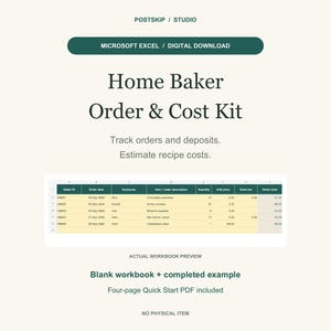 Home Bakery Order Tracker & Recipe Cost Calculator, Excel Spreadsheet Starter Kit, Digital Download