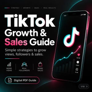 以下が含まれることがあります： TikTok Growth & Sales GuideというタイトルのデジタルPDFガイド。Simple strategies to grow views, followers & salesというテキストが記載されています。グラフィックには、TikTokのロゴと上昇傾向を示すグラフが表示されたスマートフォンが暗い背景に描かれています。