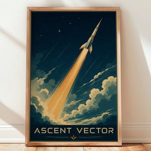 Könnte beinhalten: Ein gerahmtes vertikales Poster mit einer Rakete, die in einen dunkelblauen, sternenklaren Nachthimmel aufsteigt. Ein leuchtend orangefarbener Abgasstrahl erstreckt sich nach unten in dichte, stilisierte Wolken. Unten steht der Text ASCENT VECTOR.