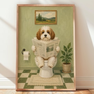 Hund liest Zeitung, Lustiges Badezimmerbild, Cavapoo-Wandbild, Geschenk für Hundeliebhaber