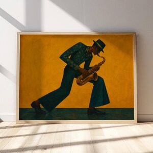 May include: A framed wall art print featuring a stylized illustration of a musician playing a saxophone. The figure wears a patterned teal shirt, matching trousers, and a dark hat against a solid mustard yellow background with a dark floor.