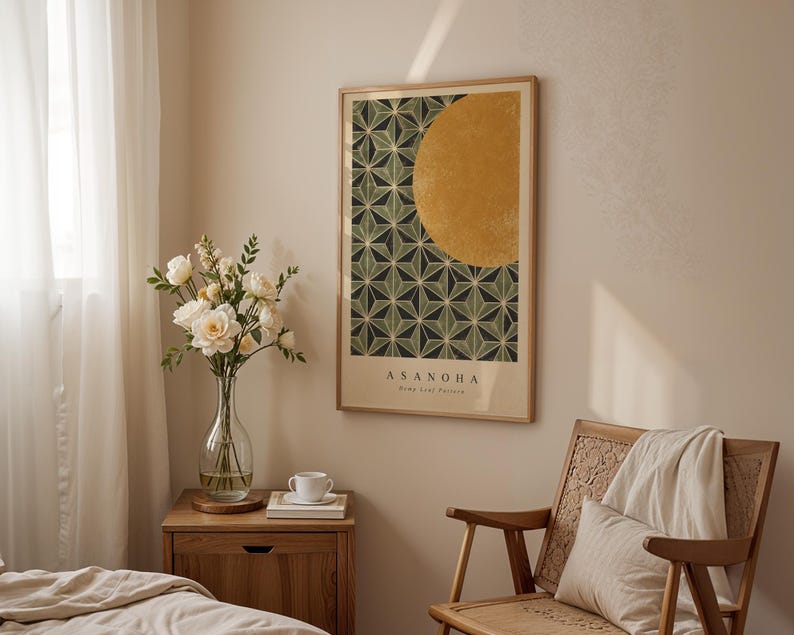 Asanoha Hemp Leaf Pattern Print, Japanese Geometric Wall Art, Gold Sun ...