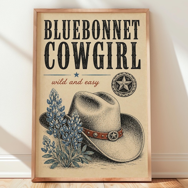 Cowgirl Wall Art, Bluebonnet Texas Print, Western Home Decor, Country Gift