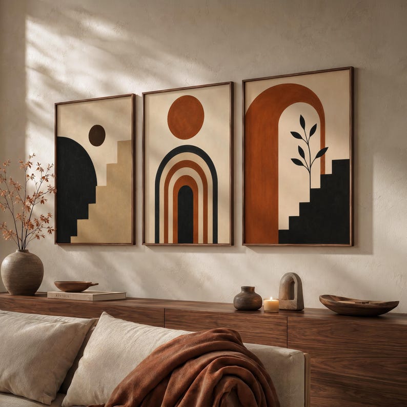 Terracotta Abstract Print Set of 3, Boho Wall Art, Mid Century Decor - Etsy