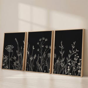 May include: A set of three rectangular wall art prints in light wood frames. Each print features a black background with white line art illustrations of various wildflowers, grasses, and botanical stems arranged in a vertical composition.