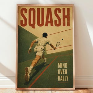 Stampa di un giocatore di squash, arte murale sportiva vintage, Mind Over Rally