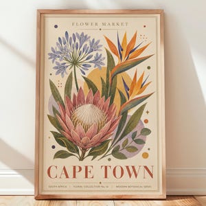 Blomstermarknad Kapstaden-tryck, Protea-väggkonst, Sydafrika botanisk dekor