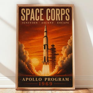 May include: A rectangular poster in a light wood frame featuring a rocket launch at sunset. The text reads SPACE CORPS IGNITION ASCENT ESCAPE and APOLLO PROGRAM 1969. The scene depicts a white rocket lifting off with orange flames and clouds.