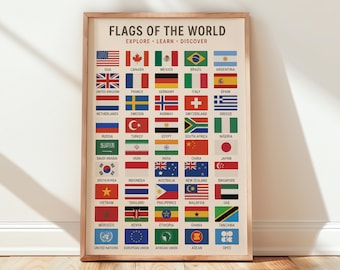 Stampa con le bandiere del mondo - Poster educativo con le bandiere dei paesi, ideale per la cameretta dei bambini e per decorare la classe.