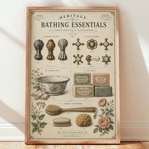 Op de afbeelding: Een ingelijste kunstdruk getiteld HERITAGE BATHING ESSENTIALS met vintage-stijl illustraties van badpoten, kranen, een emaille waskom, stukken zeep met de labels VERVEINE, ROSE, AMANDE DOUCE en diverse badkameraccessoires zoals een borstel.