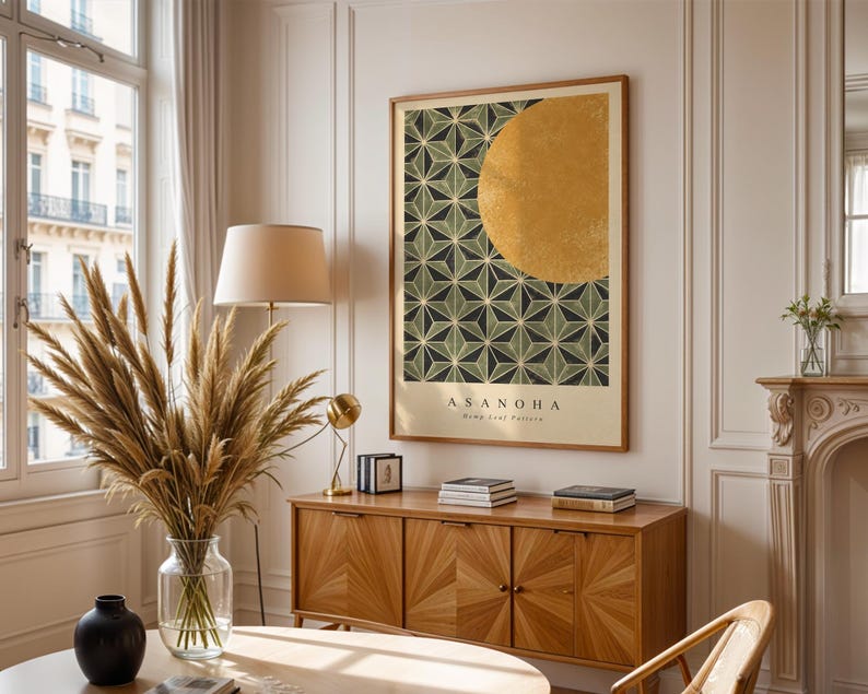 Asanoha Hemp Leaf Pattern Print, Japanese Geometric Wall Art, Gold Sun ...