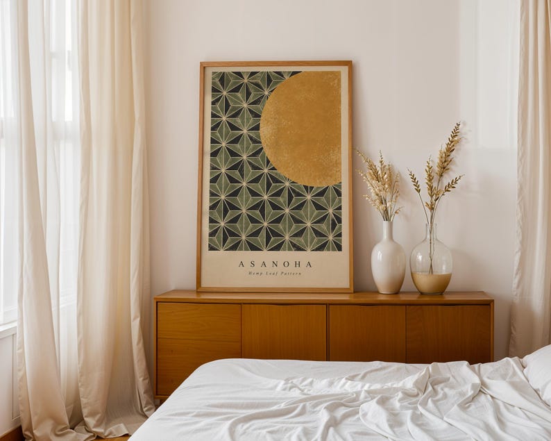 Asanoha Hemp Leaf Pattern Print, Japanese Geometric Wall Art, Gold Sun ...