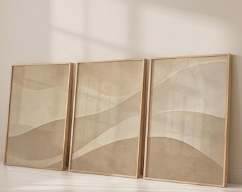 Set di 3 stampe astratte a onde beige, quadri neutri da parete, tonalità sabbia