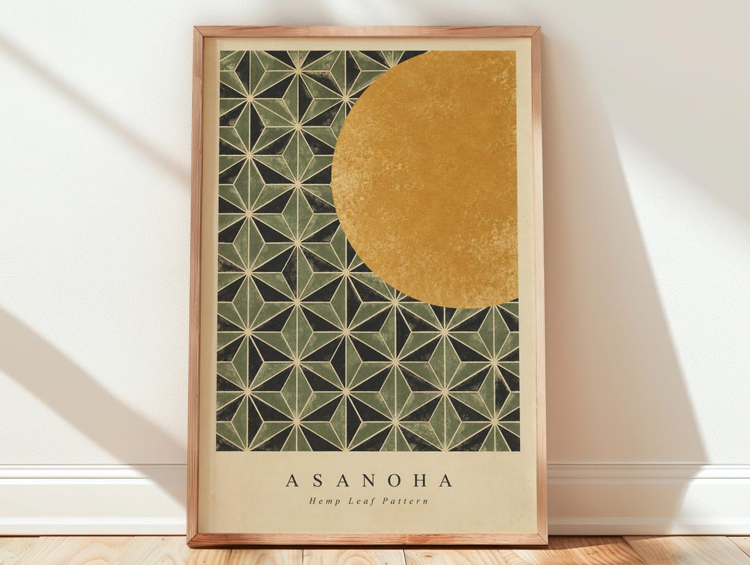 Asanoha Hemp Leaf Pattern Print, Japanese Geometric Wall Art, Gold Sun ...