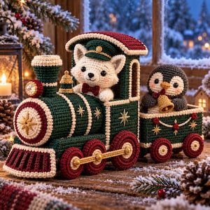 May include: A crochet toy train in dark green, cream, and maroon featuring a white fox conductor in the engine and a penguin holding a gold bell in the attached carriage. The train is decorated with gold star embroidery and cream trim details.