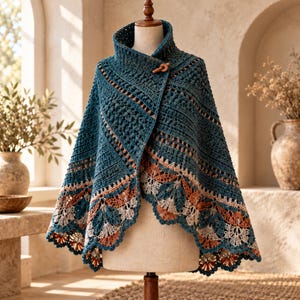 May include: A teal crochet poncho featuring a high collar secured with a single wooden toggle button. The garment displays a textured stitch pattern throughout, finished with a decorative scalloped hem in alternating shades of rust and cream.