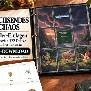 Könnte beinhalten: Ein Ordner mit transparenten Kunststoffhüllen für Sammelkarten, die animierte Kreaturen in einer Landschaft zeigen. Ein ausgedrucktes Blatt mit einer Liste von Kreaturen und dem Text WACHSENDES CHAOS Binder-Einlagen Deutsch 122 Plätze PDF-DOWNLOAD.