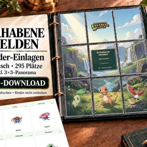 May include: A binder with clear plastic sleeves containing trading card inserts titled Erhabene Helden. The inserts feature a 3x3 panoramic landscape illustration with cartoon creatures. A printed sheet with individual card slots is visible below.
