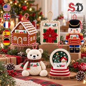 May include: Five crocheted Christmas ornaments featuring a gingerbread house, a poinsettia pocket, a nutcracker, a teddy bear with a scarf, and a snow globe. Each ornament includes a small card slot and a red and white striped hanging loop.
