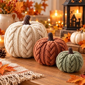 Pode incluir: Três abóboras decorativas de tecido de malha nas cores creme, laranja queimado e verde sálvia. Cada abóbora apresenta um padrão de tranças e um caule castanho escuro. As abóboras estão dispostas em grupo sobre uma superfície de madeira.