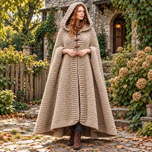 Op de afbeelding: Een tot op de grond reikende, beige gehaakte mantel met capuchon, voorzien van een dik, gestructureerd breipatroon en drie houten knevelsluitingen aan de voorzijde. Het kledingstuk heeft een diepe capuchon en lange, vloeiende panden.