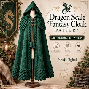 Pode incluir: Uma capa com capuz verde-escura com um padrão texturizado de escamas de dragão nos ombros e na bainha, painéis verticais trançados e três fechos de alavanca. O texto diz Dragon Scale Fantasy Cloak Pattern, Digital Crochet Pattern e ShafiDigital.