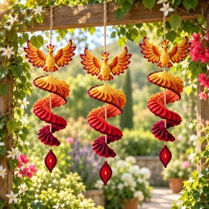 Könnte beinhalten: Drei hängende Häkel-Phönix-Ornamente aus gelbem, orangem und rotem Garn. Jeder Vogel hat ausgebreitete Flügel und einen langen, spiralförmigen Schwanz, der von Gelb zu Dunkelrot verläuft und in einem tropfenförmigen Anhänger endet.