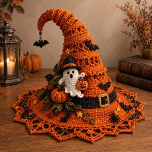 May include: A crocheted orange witch hat featuring a black belt with a buckle, adorned with a small white ghost wearing a hat, a tiny orange pumpkin, green leaves, yellow stars, black bats, and a black spider, with a dangling bat charm.