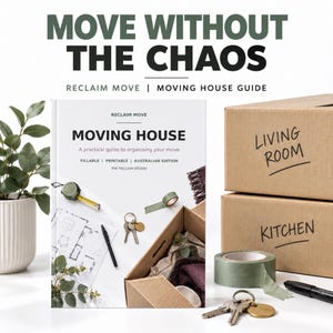May include: A white book titled MOVING HOUSE: A practical guide to organising your move, featuring a floor plan, tape measure, keys, and a cardboard box. Next to it are two stacked cardboard boxes labeled LIVING ROOM and KITCHEN, tape, and keys.
