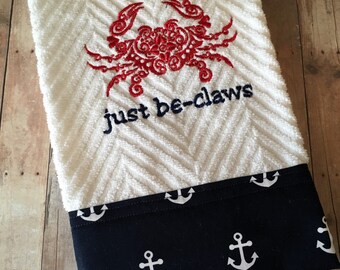 Crab Kitchen Towel/Embroidered Kitchen Towel/Anchor Towel/Nautical/Beach