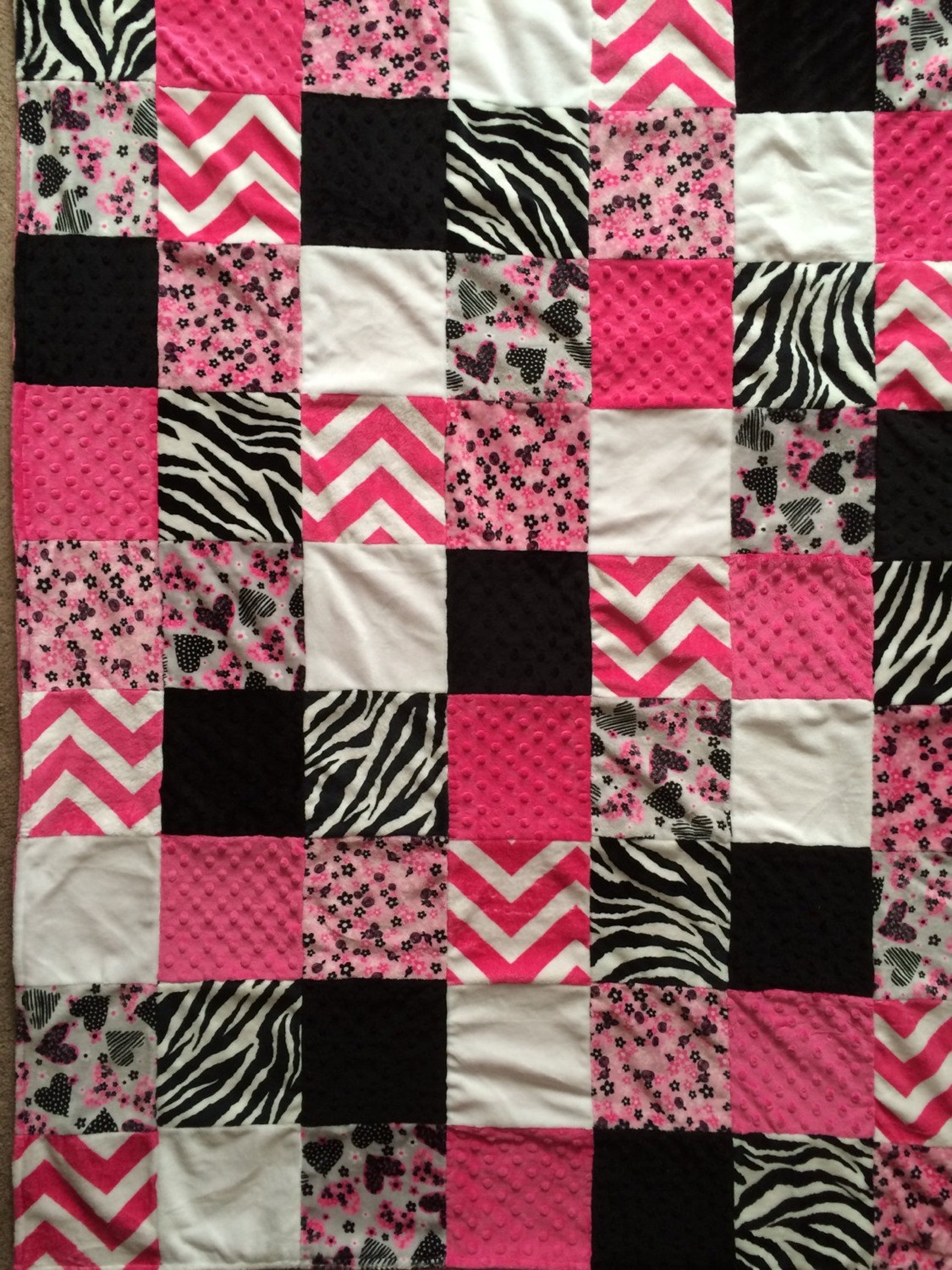 Large Minky Patchwork Blanket Zebra/pink and Black Etsy