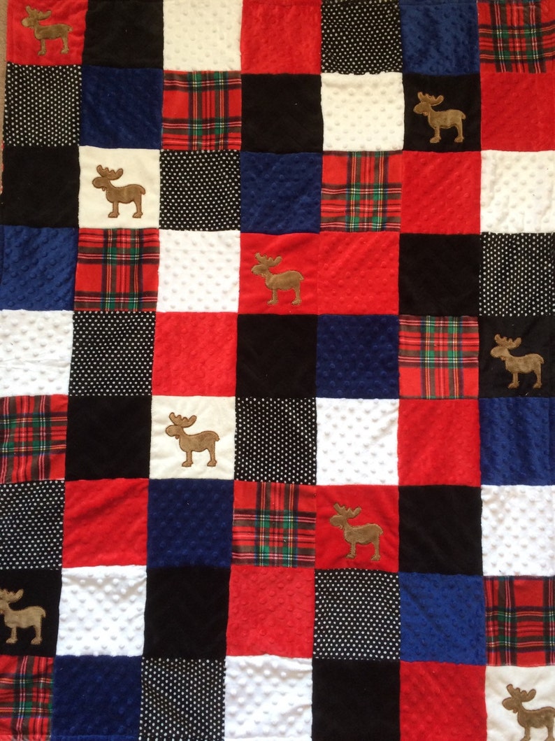 Moose Minky Patchwork Blanket/ Moose Applique Throw/Plaid ...