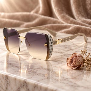 May include: Rimless sunglasses featuring a gradient lens that transitions from dark purple at the top to a light tan at the bottom. The temples are beige with gold-tone metal accents and a repeating letter M pattern on the side hinges.