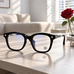 May include: Black-framed eyeglasses featuring a square shape and clear lenses. The temples are adorned with intricate silver-toned metal detailing, including a small cross emblem on the hinge and a decorative floral cross motif on the side.