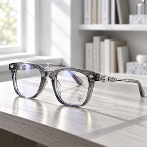 Op de afbeelding: Transparante grijze rechthoekige bril met zilverkleurige metalen accenten op de veren en scharnieren. Het montuur bevat een klein zilveren kruis-embleem op het rechterglas en decoratieve metalen details langs de brilpoten.