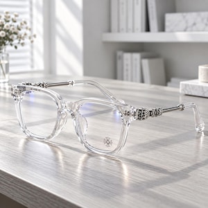 Puede incluir: Gafas de acetato transparente con diseño de montura cuadrada y patillas de metal plateado. Las bisagras y las patillas están adornadas con intrincados detalles de metal plateado en relieve de inspiración floral y una pequeña cruz en el cristal.