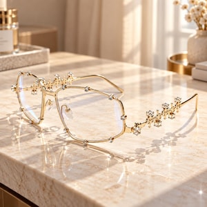 Può includere: Occhiali in metallo color oro con montatura dal design geometrico. I bordi e le aste sono impreziositi da piccoli cristalli trasparenti e scintillanti fissati lungo i profili. Gli occhiali presentano lenti trasparenti e naselli regolabili.