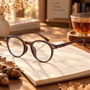 Puede incluir: Gafas redondas con montura marrón translúcida y lentes transparentes. Las gafas cuentan con patillas finas con pequeños detalles metálicos en tono plateado en las bisagras. La montura tiene un acabado liso y pulido de forma circular.