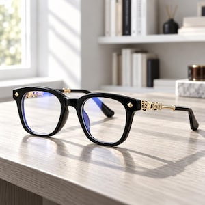 Op de afbeelding: Zwart montuur met een dik, rechthoekig acetaat frame en goudkleurige metalen accenten op de scharnieren en veren. De veren hebben een gedetailleerd, gestructureerd goudkleurig ontwerp en de glazen vertonen een subtiele blauwe lichtreflectie.