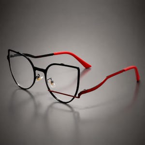 May include: Cat-eye glasses featuring a black metal frame with a distinct angular silhouette. The temples are accented with bright red tips, and the bridge includes adjustable clear nose pads. The design incorporates a thin black wire extending across the lower portion of the lenses, creating a layered look with the main frame structure.