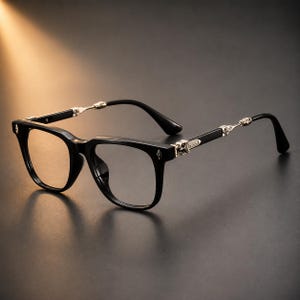 May include: Black-framed eyeglasses featuring thick rectangular rims and silver-toned metal accents on the hinges and temples. The temples display intricate, embossed silver detailing near the frame front, connecting to smooth black arms.