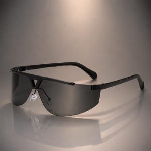 May include: A pair of black sunglasses featuring a single continuous dark gray lens that spans across the front. The frame has a prominent bridge design with a triangular cutout, thin black temples, and clear adjustable nose pads.