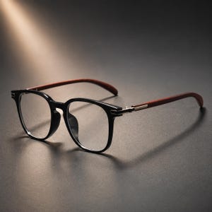 Puede incluir: Gafas con montura de plástico negro brillante de forma cuadrada redondeada y lentes transparentes. Las patillas están fabricadas en madera lisa de color marrón rojizo, unidas al frente por bisagras de metal de tono plateado.