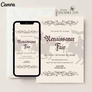 May include: A smartphone displaying a digital invitation next to a printed card, both featuring dark brown text and graphics on a cream background. The text reads: Let us go to ye olde Renaissance Fair, Saturday, September 30, 10 AM, 101 Orchard Road.