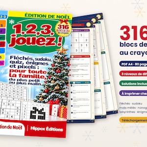 1,2,3, jouez ! Magazine de jeux de Noël à  imprimer, 316 jeux au crayon, fléchés, sudoku, nonogrammes. PDF A4 80 pages